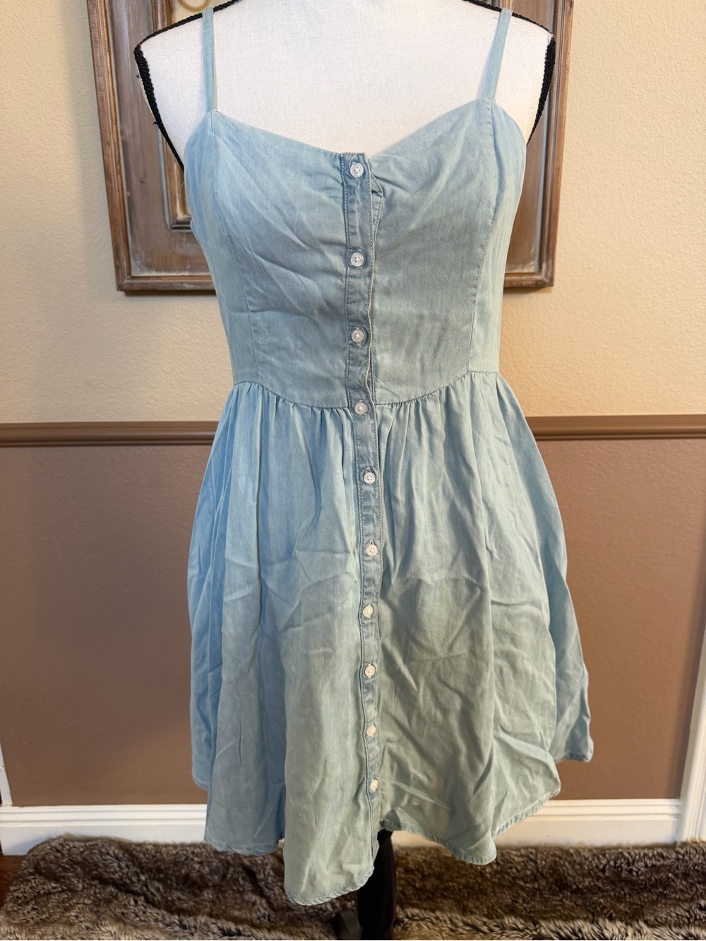NWT French Connection Light Blue Spaghetti-Strap Button Dress